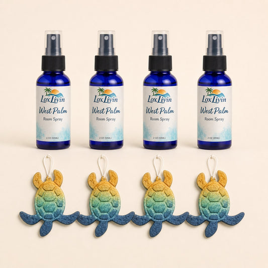 Bridesmaid thank-you gift pack with four room sprays and four custom car air fresheners