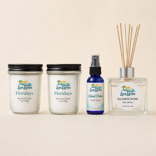 New Home Welcome Gift Set with two soy candles, room spray, and reed diffuser